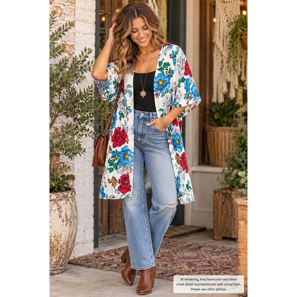 Jodifl Small Floral Kimono Cardigan White Multi Open Front Boho Art to Wear